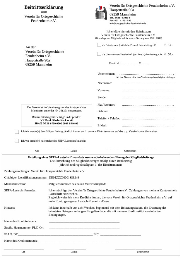 Beitrittserklärung zum Verein für Ortsgeschichte Feudenheim e. V.